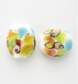 Lampwork 18mm Flat Oval Beads ~ White Blue